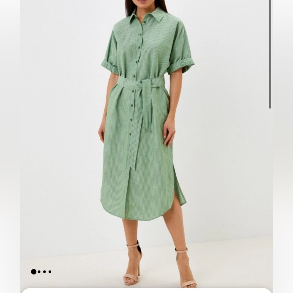 United Colors of Benetton Green Midi Dress L White Stripe Button Front Ptp 26”